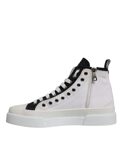 Pre-owned Dolce & Gabbana White Black Cotton High Top Sneakers Men's Shoes () In Black/white