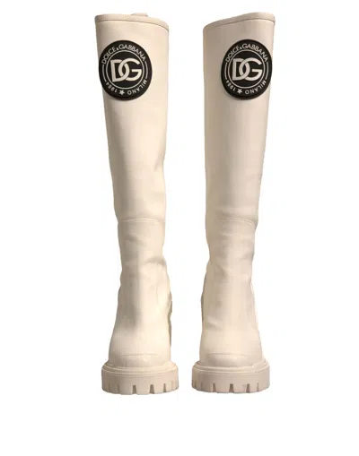 Dolce & Gabbana White Dg Logo Hi Trekking Plateau Biker Boots Women's Shoes In White