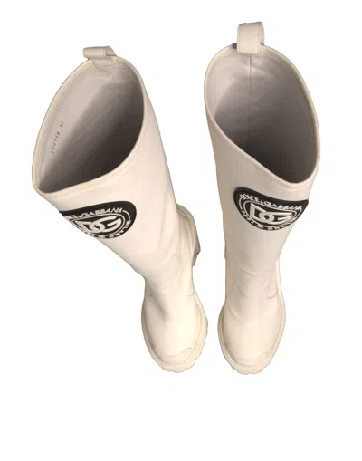 Dolce & Gabbana White Dg Logo Hi Trekking Plateau Biker Boots Women's Shoes In White