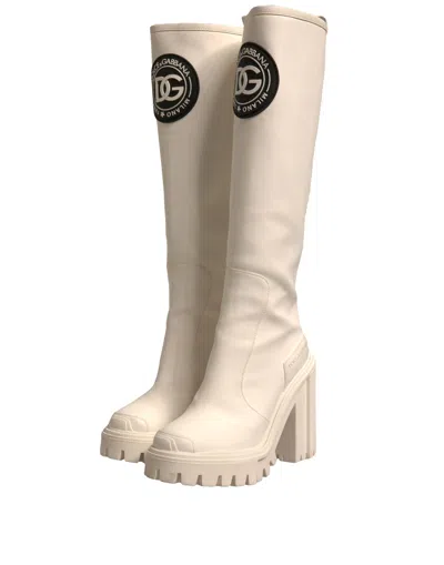 Dolce & Gabbana White Dg Logo Hi Trekking Plateau Biker Boots Women's Shoes In White