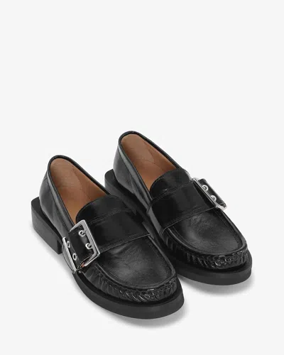 Ganni + Net Sustain Feminine Buckled Recycled Faux Patent-leather Loafers In Black