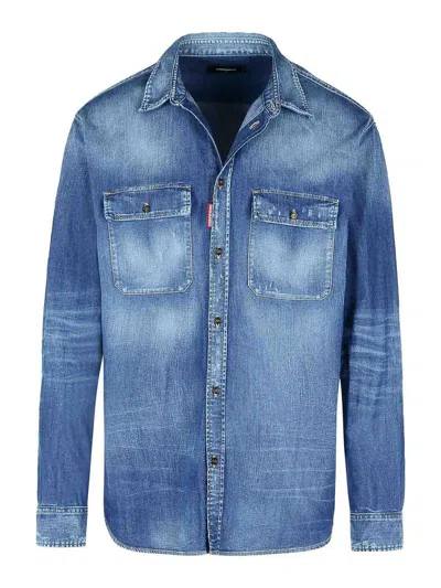 Dsquared2 Light Blue Jacket With Classic Collar And Logo Patch On The Front In Denim Man In Light Blue