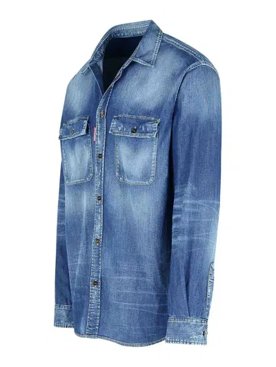 Dsquared2 Light Blue Jacket With Classic Collar And Logo Patch On The Front In Denim Man In Light Blue