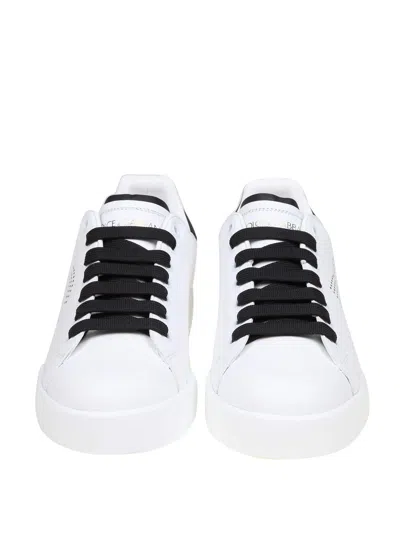 Dolce & Gabbana Portofino' White Low Top Sneakers With Perforated Logo In Leather In White