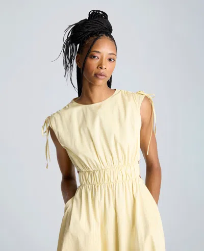 Kenneth Cole Cutout Detail Ruched Waist Stretch Cotton Midi Dress In Multicolor