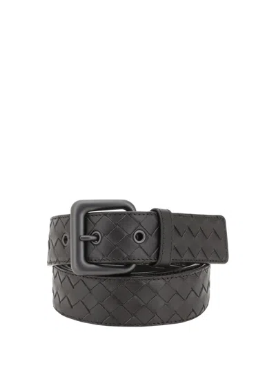 Bottega Veneta Woven Black Belt With Rectangular Bucklefinish In Brown