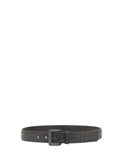 Bottega Veneta Woven Black Belt With Rectangular Bucklefinish In Brown