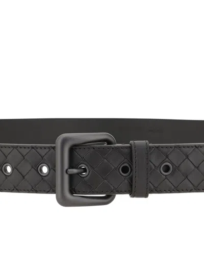 Bottega Veneta Woven Black Belt With Rectangular Bucklefinish In Brown