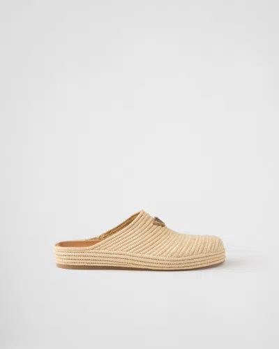 Prada Crocheted Raffia Mule In Neutral