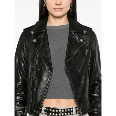 Golden Goose Shiny Black Sheepskin Biker Jacket With Sturdy Zip