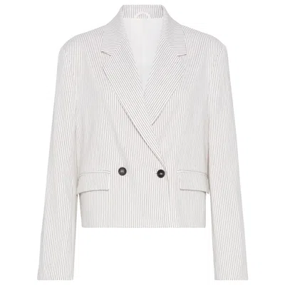 Brunello Cucinelli Double-breasted Short Blazer In White Linen And Cotton