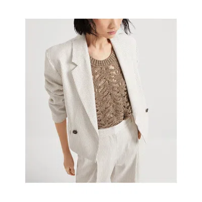 Brunello Cucinelli Double-breasted Short Blazer In White Linen And Cotton