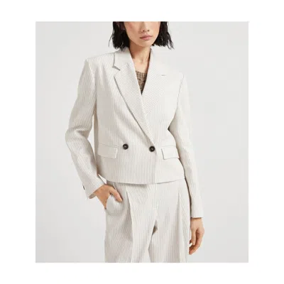 Brunello Cucinelli Double-breasted Short Blazer In White Linen And Cotton