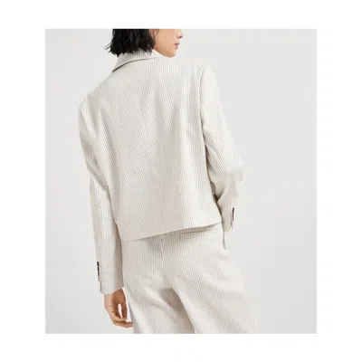Brunello Cucinelli Double-breasted Short Blazer In White Linen And Cotton