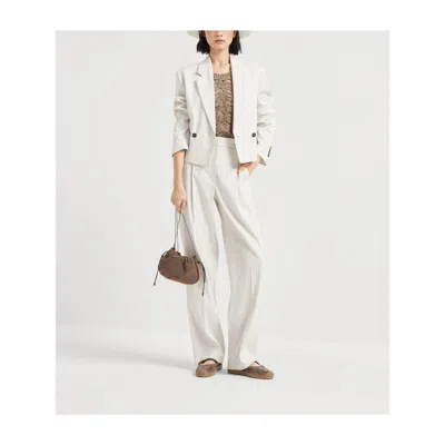 Brunello Cucinelli Double-breasted Short Blazer In White Linen And Cotton