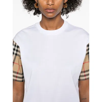 Burberry White T-shirt With Vintage Check Motif On The Sleeves In Cotton Woman
