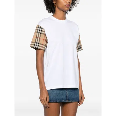 Burberry White T-shirt With Vintage Check Motif On The Sleeves In Cotton Woman