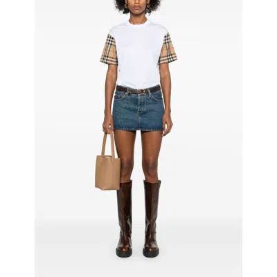 Burberry White T-shirt With Vintage Check Motif On The Sleeves In Cotton Woman