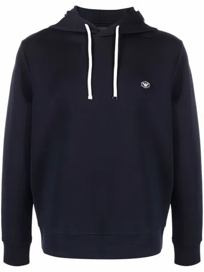 Emporio Armani Ribbed Navy Cotton Hoodie With Drawstring