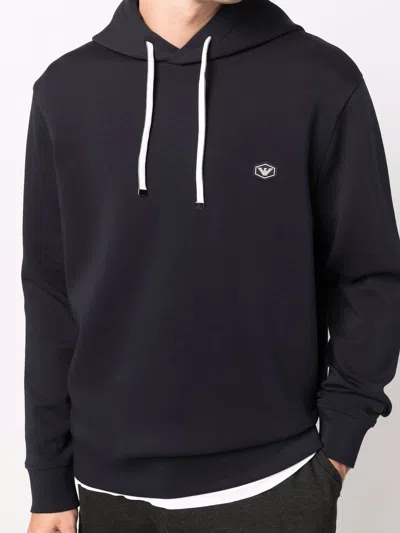 Emporio Armani Ribbed Navy Cotton Hoodie With Drawstring
