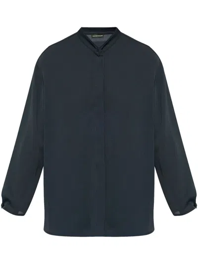 Emporio Armani Band Collar Textured Shirt With Button Detail In Blue