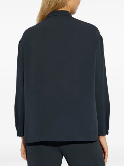 Emporio Armani Band Collar Textured Shirt With Button Detail In Blue