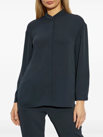 Emporio Armani Band Collar Textured Shirt With Button Detail In Blue