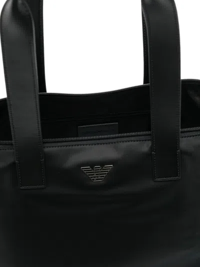 Emporio Armani Modern Black Polyamide Set Shopper With Leather Handles In Black