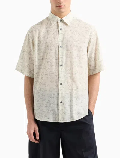 Emporio Armani Asv Lyocell-blend Short-sleeved Shirt With All-over Eagle And Seaside Theme Print