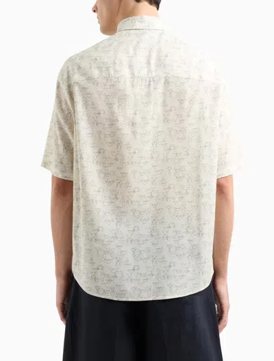 Emporio Armani Asv Lyocell-blend Short-sleeved Shirt With All-over Eagle And Seaside Theme Print