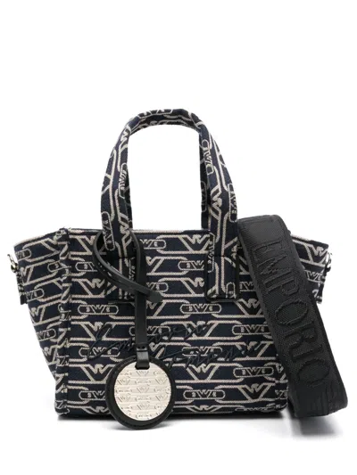 Emporio Armani Small Shopper Bag In Jacquard Canvas With All-over Monogram In Blue