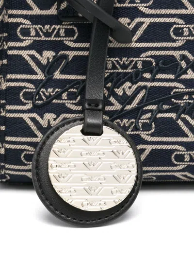 Emporio Armani Small Shopper Bag In Jacquard Canvas With All-over Monogram In Blue