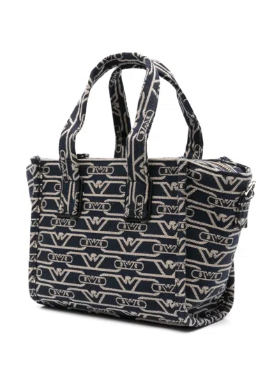 Emporio Armani Small Shopper Bag In Jacquard Canvas With All-over Monogram In Blue