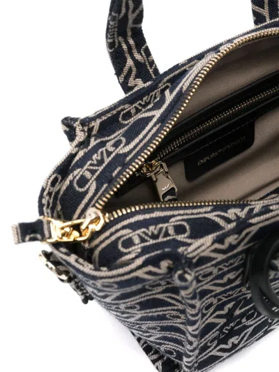 Emporio Armani Small Shopper Bag In Jacquard Canvas With All-over Monogram In Blue