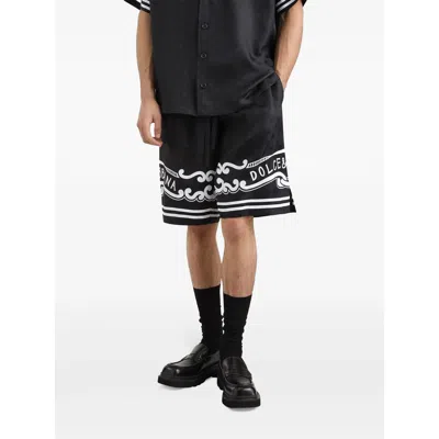 Dolce & Gabbana Black Bermuda Pants With Drawstring Elastic Waist And Maxi Print In Silk Man