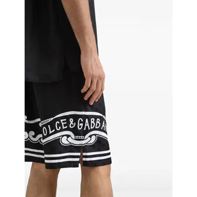 Dolce & Gabbana Black Bermuda Pants With Drawstring Elastic Waist And Maxi Print In Silk Man