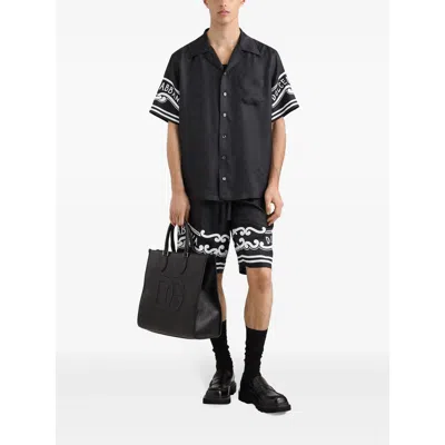 Dolce & Gabbana Black Bermuda Pants With Drawstring Elastic Waist And Maxi Print In Silk Man