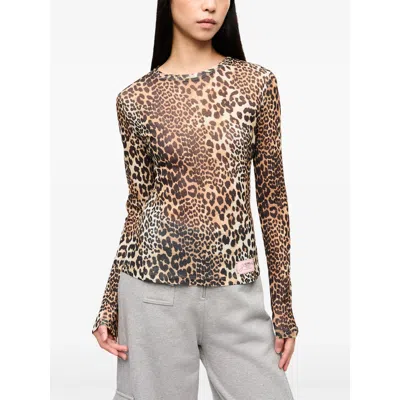 Ganni Leopard Pattern Printed Mesh Long Top