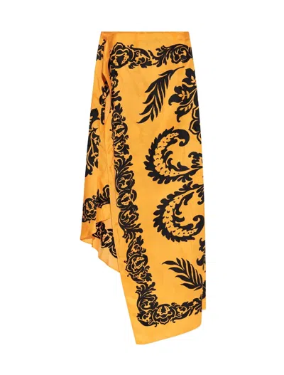 Etro Orange Skirt With Asymmetric Design And All-over Stencil Floral Print In Viscose Woman