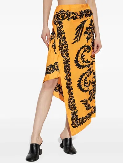 Etro Orange Skirt With Asymmetric Design And All-over Stencil Floral Print In Viscose Woman