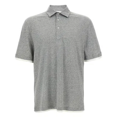 Brunello Cucinelli Silk Polo Sweater With Two-tone Double Layer Detail In Gray