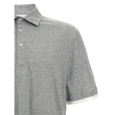 Brunello Cucinelli Silk Polo Sweater With Two-tone Double Layer Detail In Gray