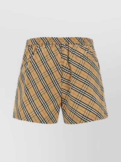 Burberry Women Beige Shorts With Elastic Drawstring Waist And All-over Check Motif In Cotton Woman