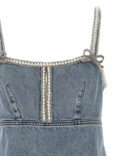 Self-portrait Denim Pearl Mini Dress In Blue