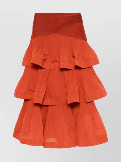 Zimmermann Ruffled Brick Red Maxi Skirt With Flared Hem And Draped Detail