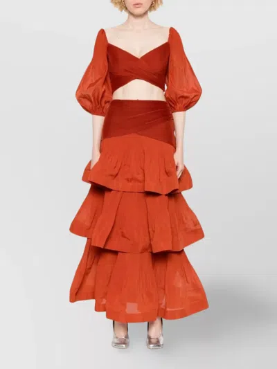 Zimmermann Ruffled Brick Red Maxi Skirt With Flared Hem And Draped Detail