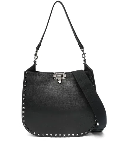 Valentino Garavani Women Hobo Rockstud Leather Shoulder Bag In Black