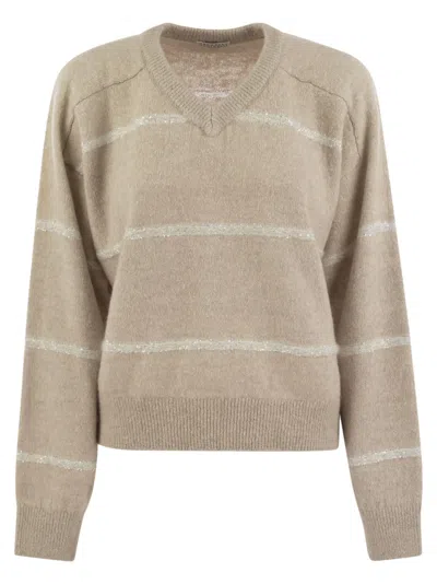 Brunello Cucinelli Horizontal Sequins Stripe Sweater In Cream