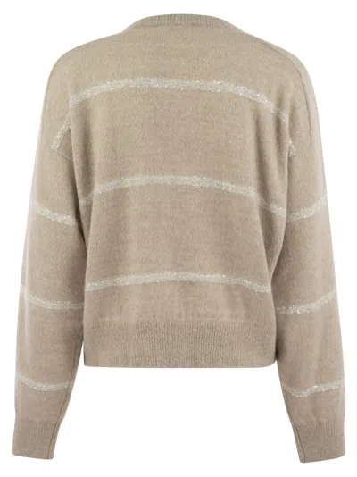 Brunello Cucinelli Horizontal Sequins Stripe Sweater In Cream