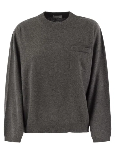 Brunello Cucinelli Cashmere Sweater With Breast Pocket And Necklace In Purple